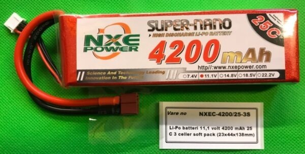 Li-Po batteri 11,1 volt 4200 mAh 25 C 3 celler soft pack
