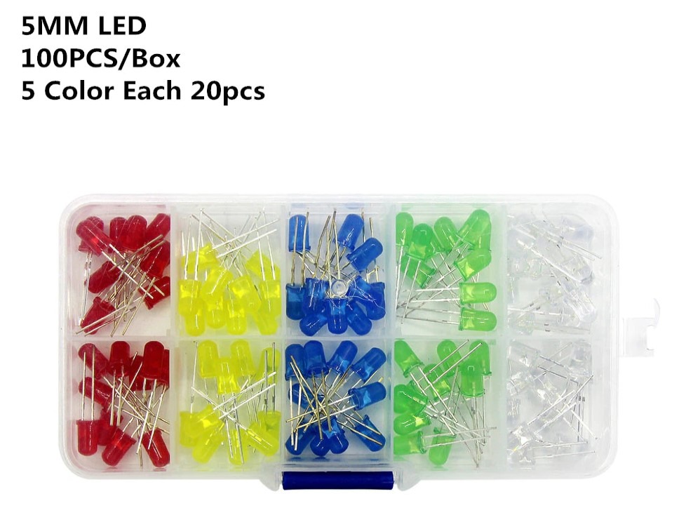 LED sæt med 5 mm pærer klar, gul, grøn, blå og rød 100 stk i æske