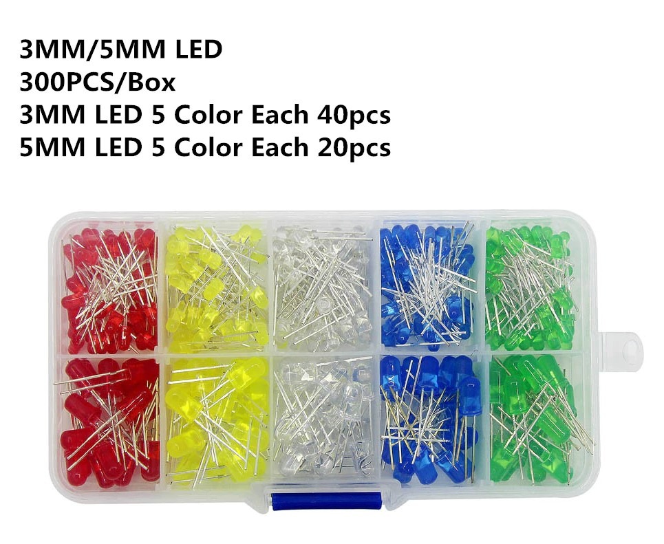 LED sæt med 3 og 5 mm pærer klar, gul, grøn, blå og rød